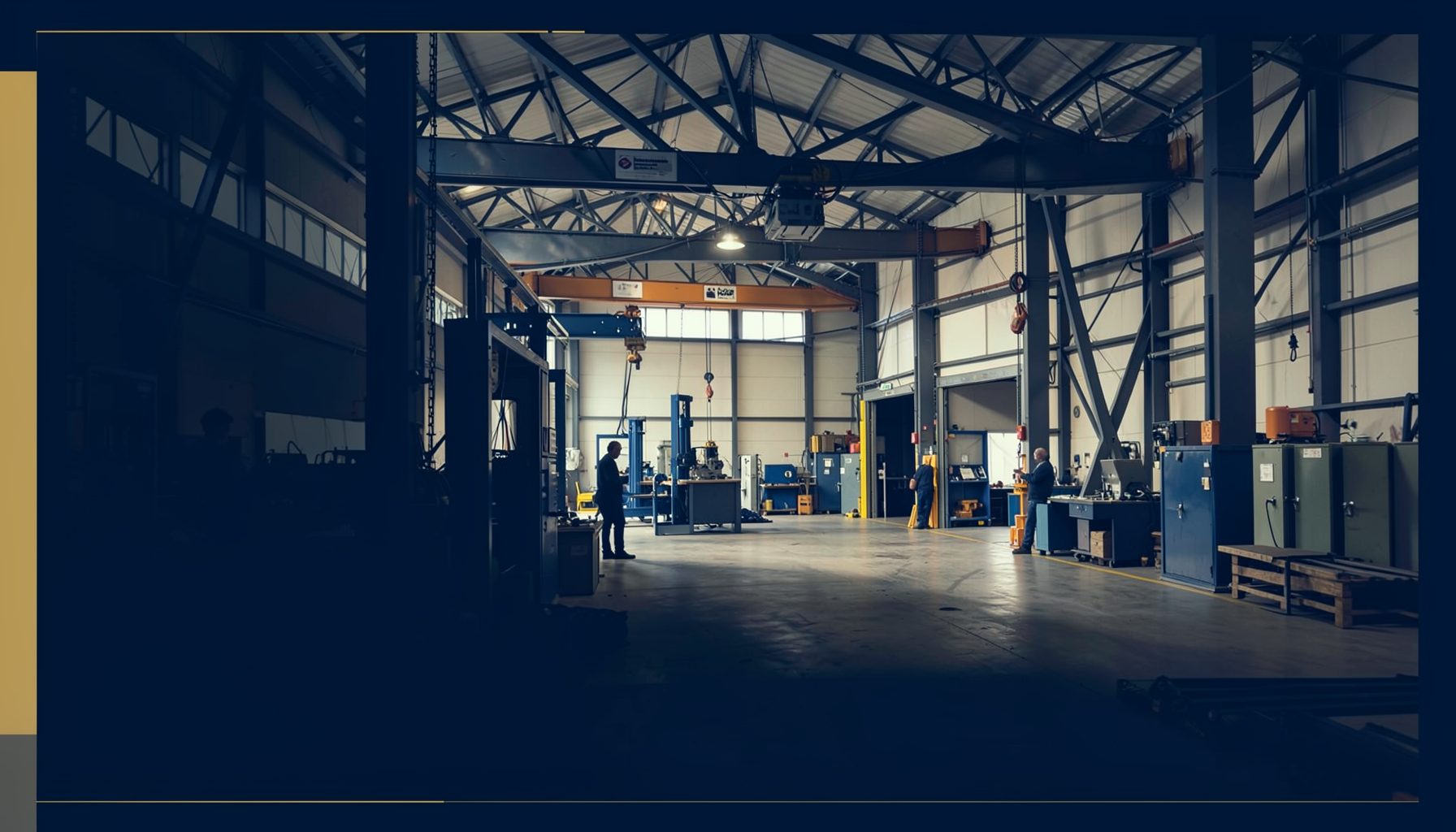 Bold rectangular flyer graphic in navy blue and gold tones, showing an industrial training workshop setting with equipment
