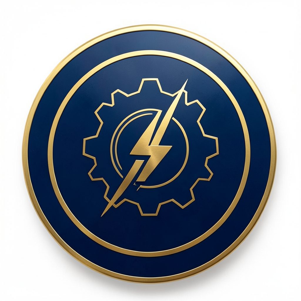 Circular emblem in deep navy blue with a gold border, featuring a stylised industrial gear and lightning-bolt motif