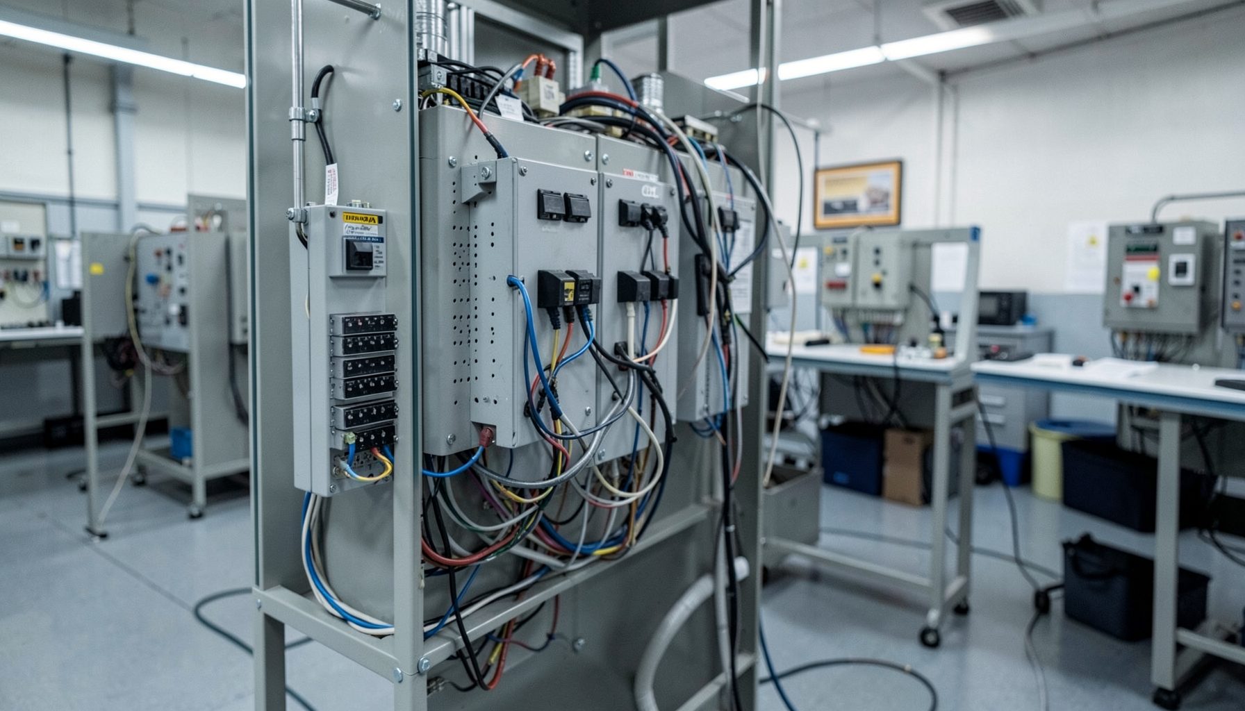 Close-up of an electrical control panel with colorful wiring in an industrial workshop