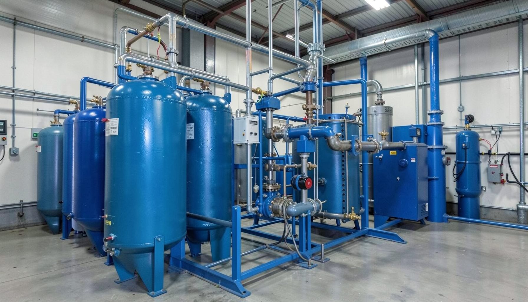 Industrial facility with large blue pressure tanks and metal piping in a warehouse setting