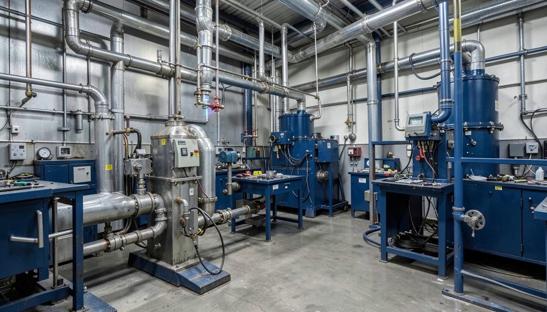 Industrial room with blue machinery, metal piping, and workbenches in grey and blue tones