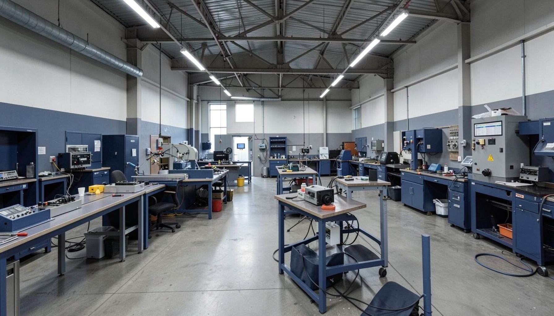 Wide industrial training workshop interior in muted navy and grey tones, with workbenches and equipment set up for practical instruction