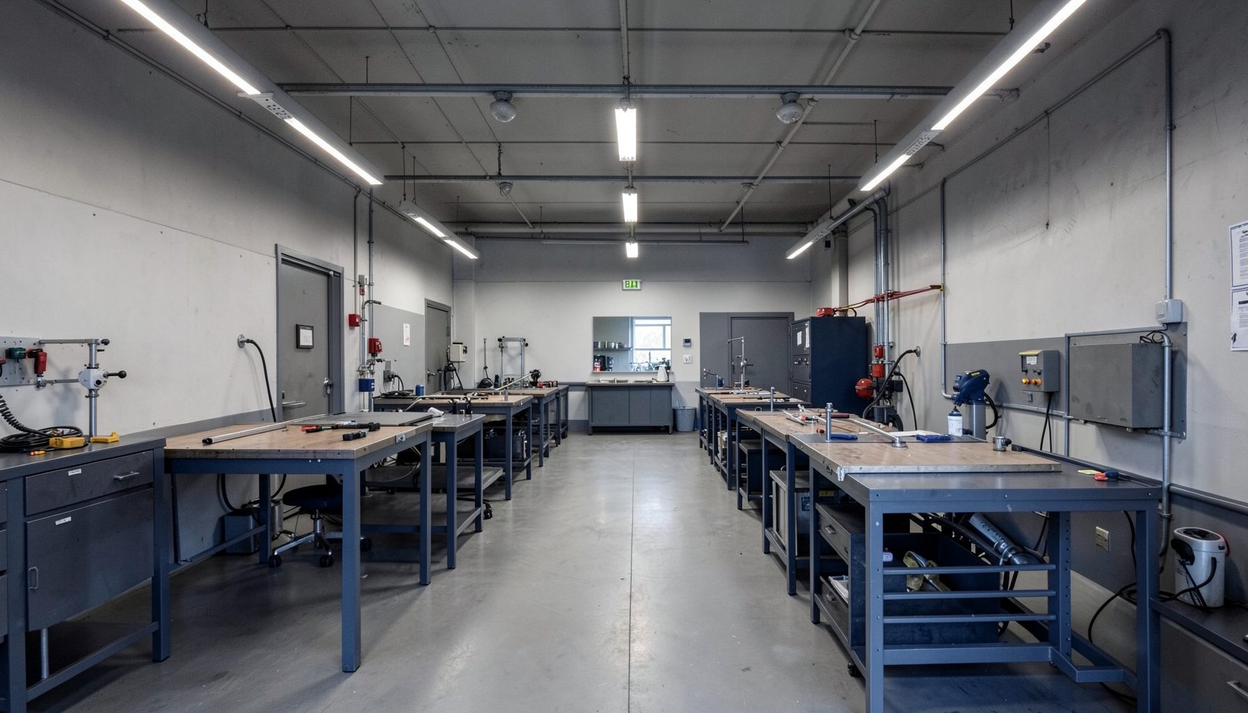 Wide photograph in muted industrial tones of grey and navy, showing a clean training workshop interior with workbenches and equipment