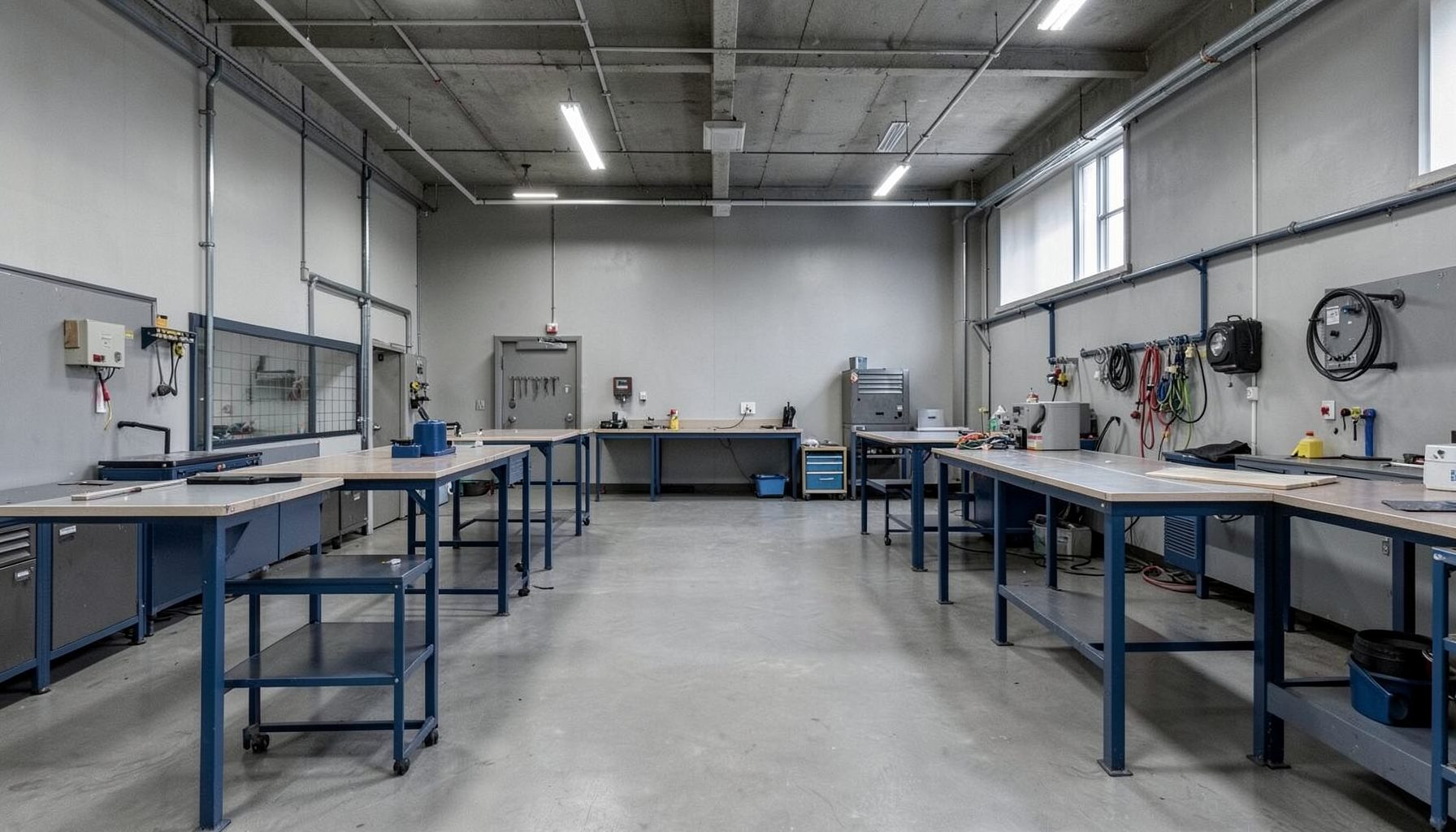 Wide photograph in muted industrial tones of grey and navy showing a clean training workshop interior with workbenches