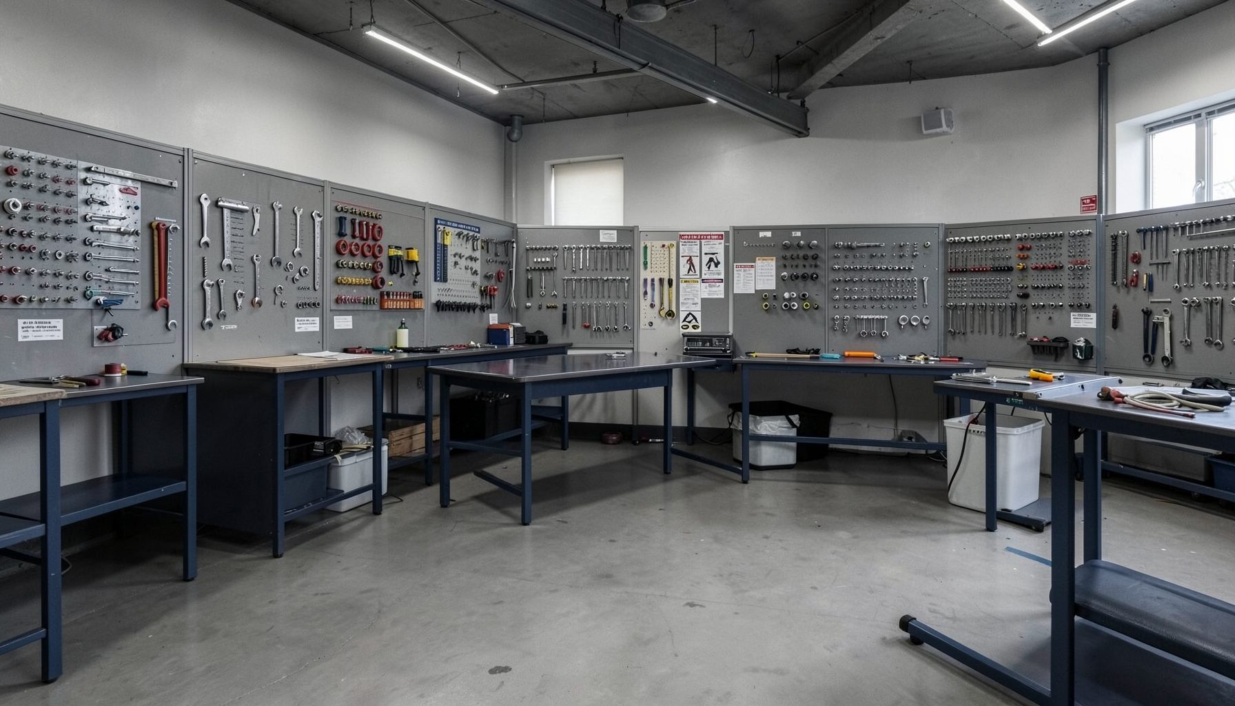 Wide photograph in muted industrial tones of grey and navy, showing a clean training workshop interior with workbenches, equipment, and an open practice area